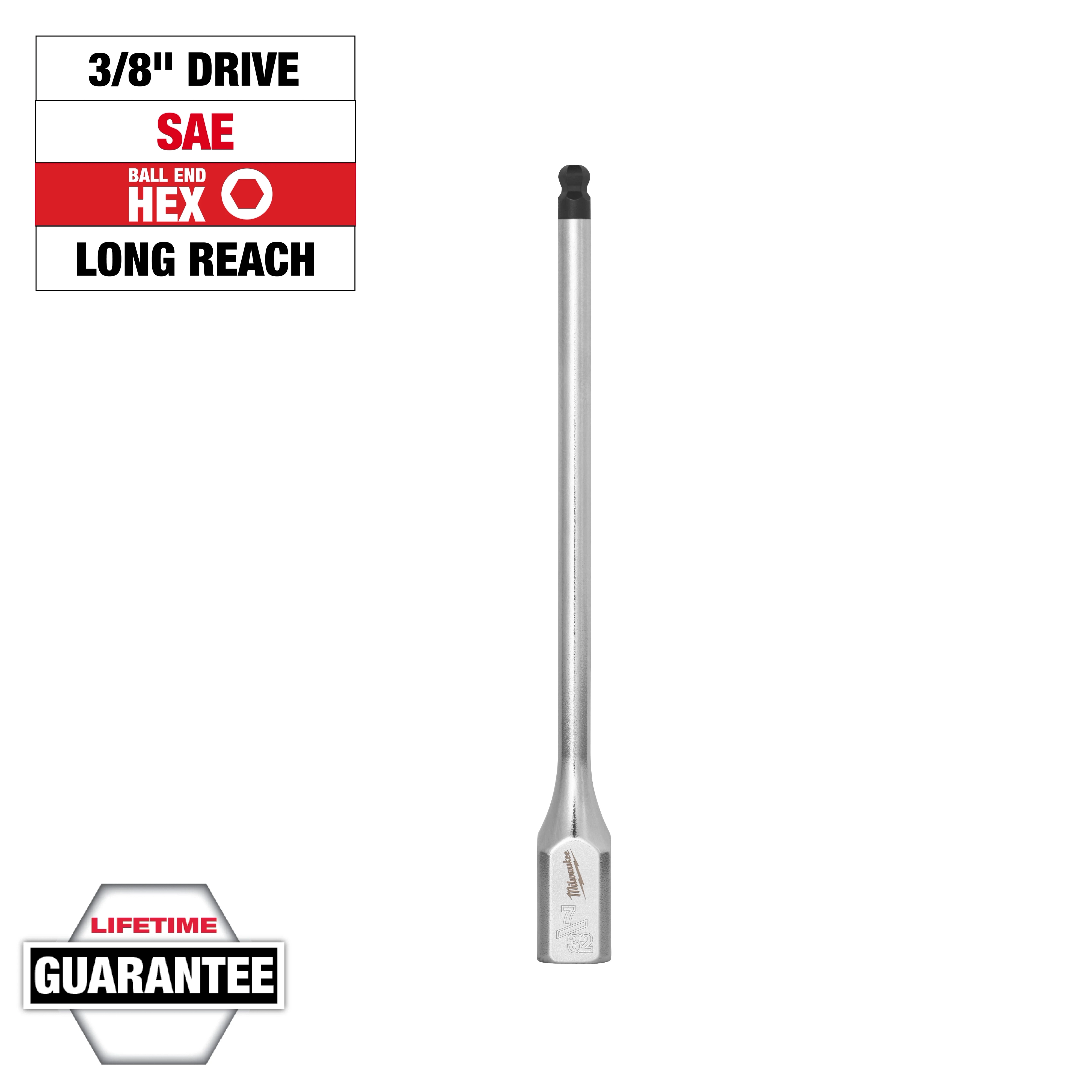 3/8" Drive 7/32" Long Ball End Hex Bit Socket with a visible label including SAE, long reach, and lifetime guarantee.