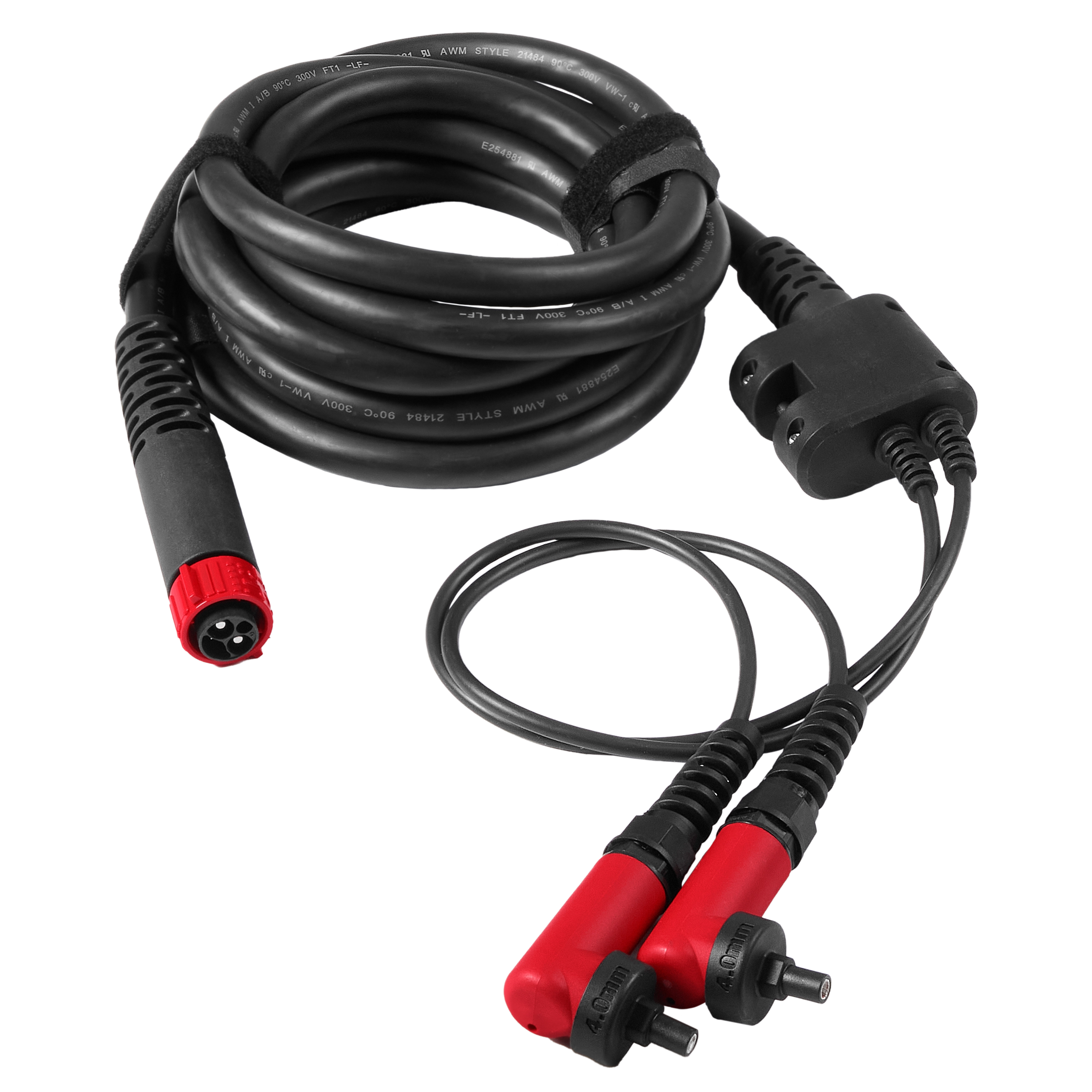 The MX FUEL™ 15' Electrofusion Leads feature thick black cables with a coiled design. They include connections with red ends and a connector with multiple prongs, suitable for industrial or heavy-duty use.