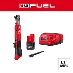 The M12 FUEL™ 1/2" Ratchet is displayed with its components including a red lithium-ion battery, charger, and a black extension piece. The ratchet features a black and red design, suitable for professional usage. "1/2" Anvil" is indicated at the bottom right of the image.