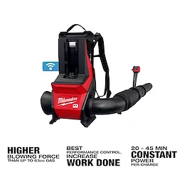 The MX FUEL™ Backpack Blower, branded with Milwaukee, is a red and black leaf blower featuring a backpack design. It includes a flexible tube and control handle, and claims higher blowing force, performance control, and 20-45 minutes of constant power per charge.