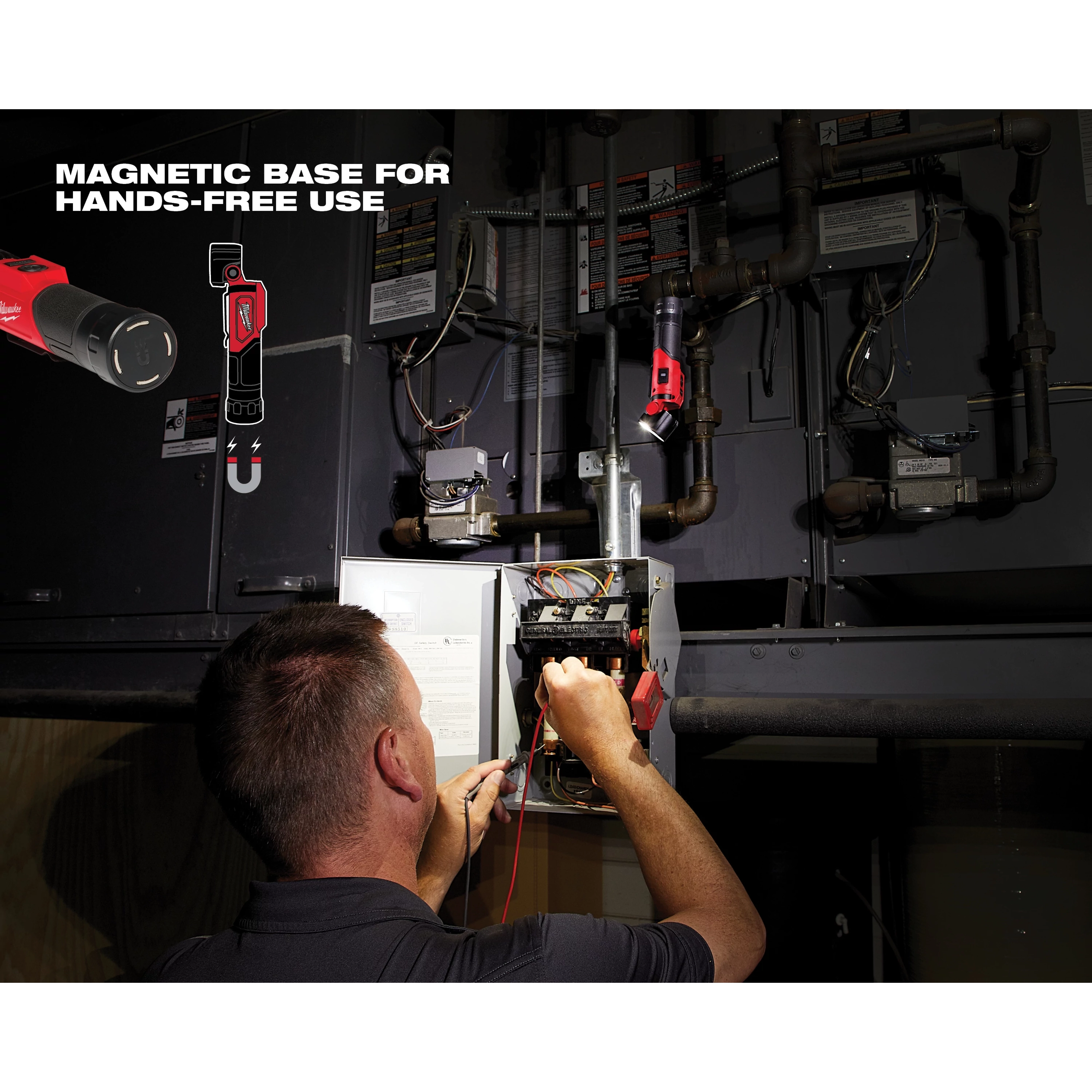 Person uses REDLITHIUM USB Pivoting Flashlight with a magnetic base, working hands-free on an open electrical panel in a dimly lit room.