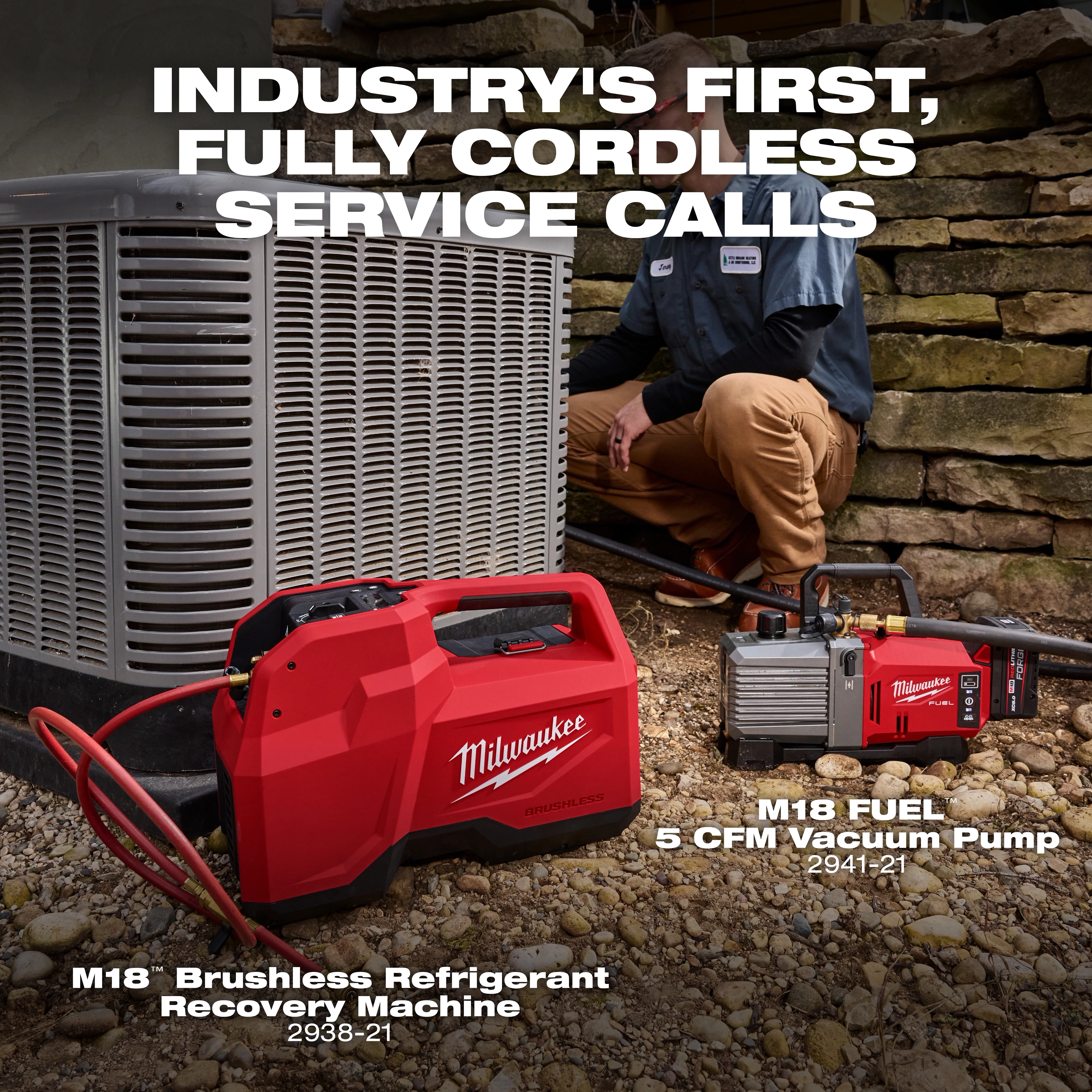 Milwaukee M18 Brushless Refrigerant Recovery Machine in red is shown in a service setup next to an HVAC unit and a vacuum pump.