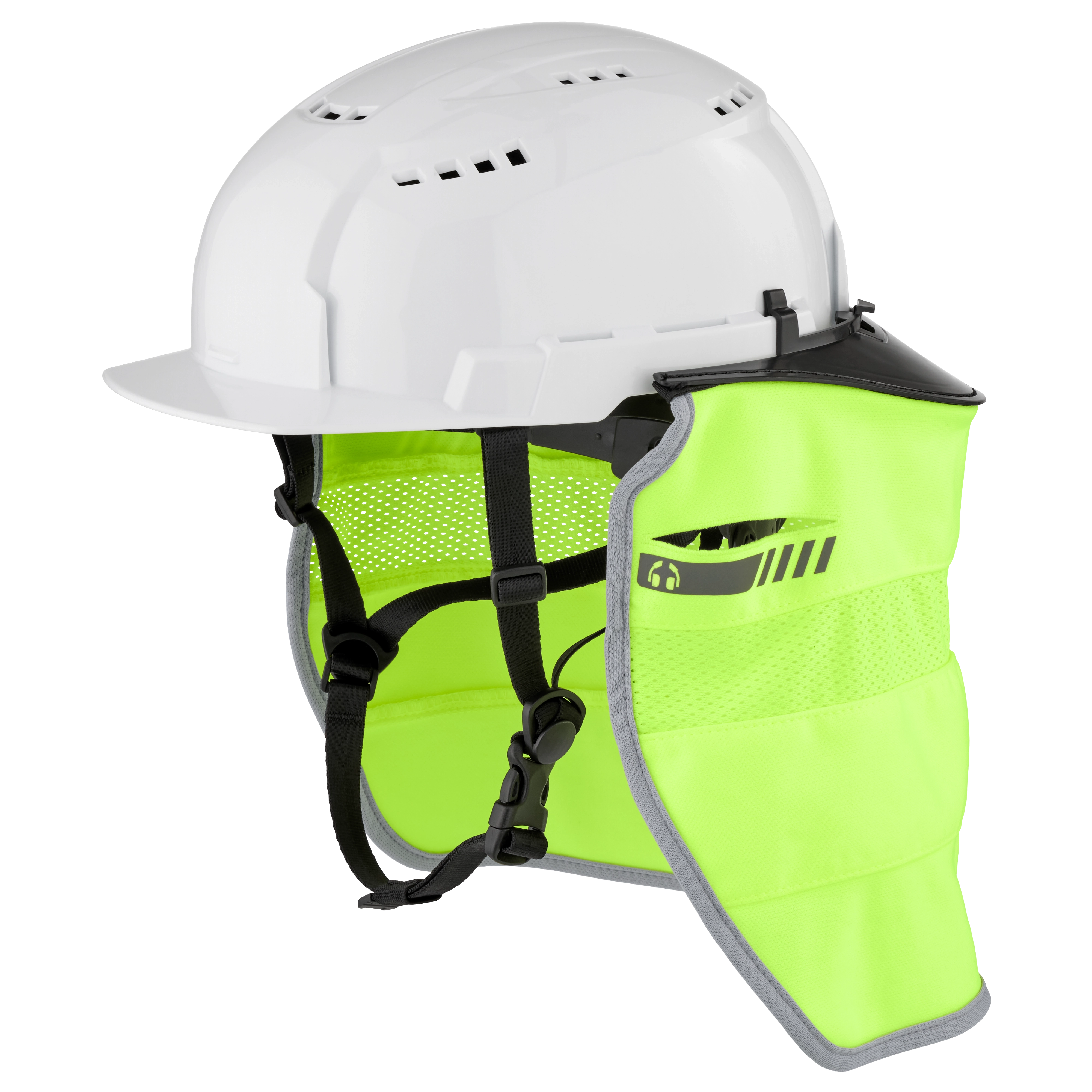 A white safety helmet with a BOLT Sunshade. The helmet has ventilation holes and is designed for construction or industrial use to provide head and neck protection.