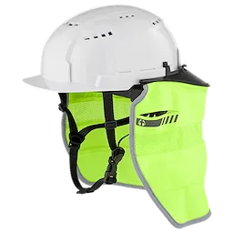 A white safety helmet with a BOLT Sunshade. The helmet has ventilation holes and is designed for construction or industrial use to provide head and neck protection.