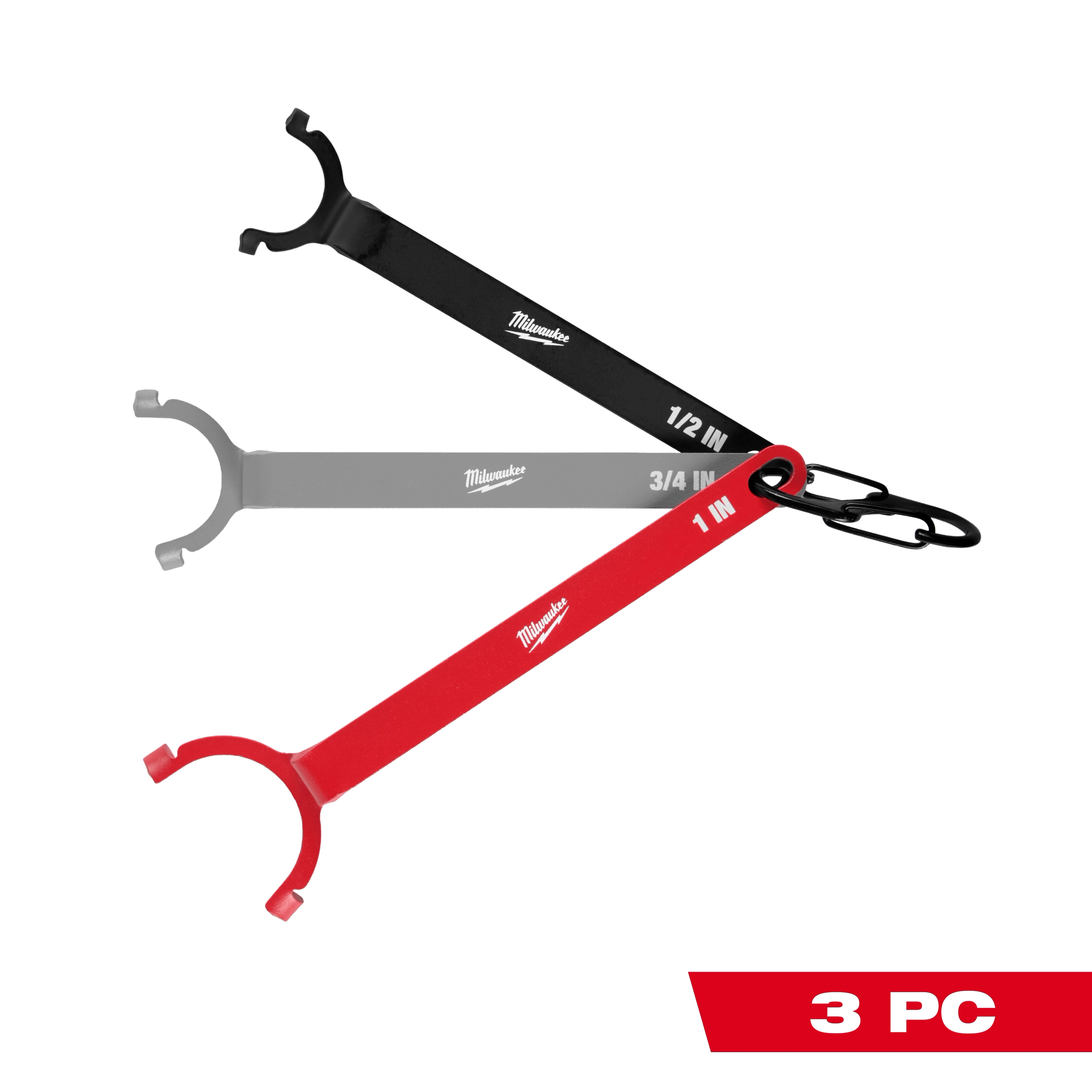 The 3 PC Locknut Wrench Set comprises three Milwaukee locknut wrenches in different sizes (1 inch, 3/4 inch, and 1/2 inch) and colors (red, gray, and black) with a connecting ring. Each wrench has a semicircular open-end designed for locking nuts.