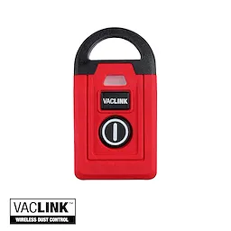 The VACLINK™ Wireless Dust Control Remote features a red and black design with two buttons labeled "VACLINK" and a power symbol. The product's logo and name appear below the remote.