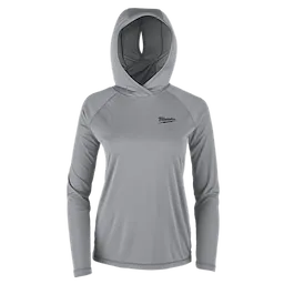 This image shows the Women's WORKSKIN™ Hooded Sun Shirt in gray. It features long sleeves, a hood, and the Milwaukee logo on the chest. The fabric appears lightweight and fitted, designed for sun protection and comfort.