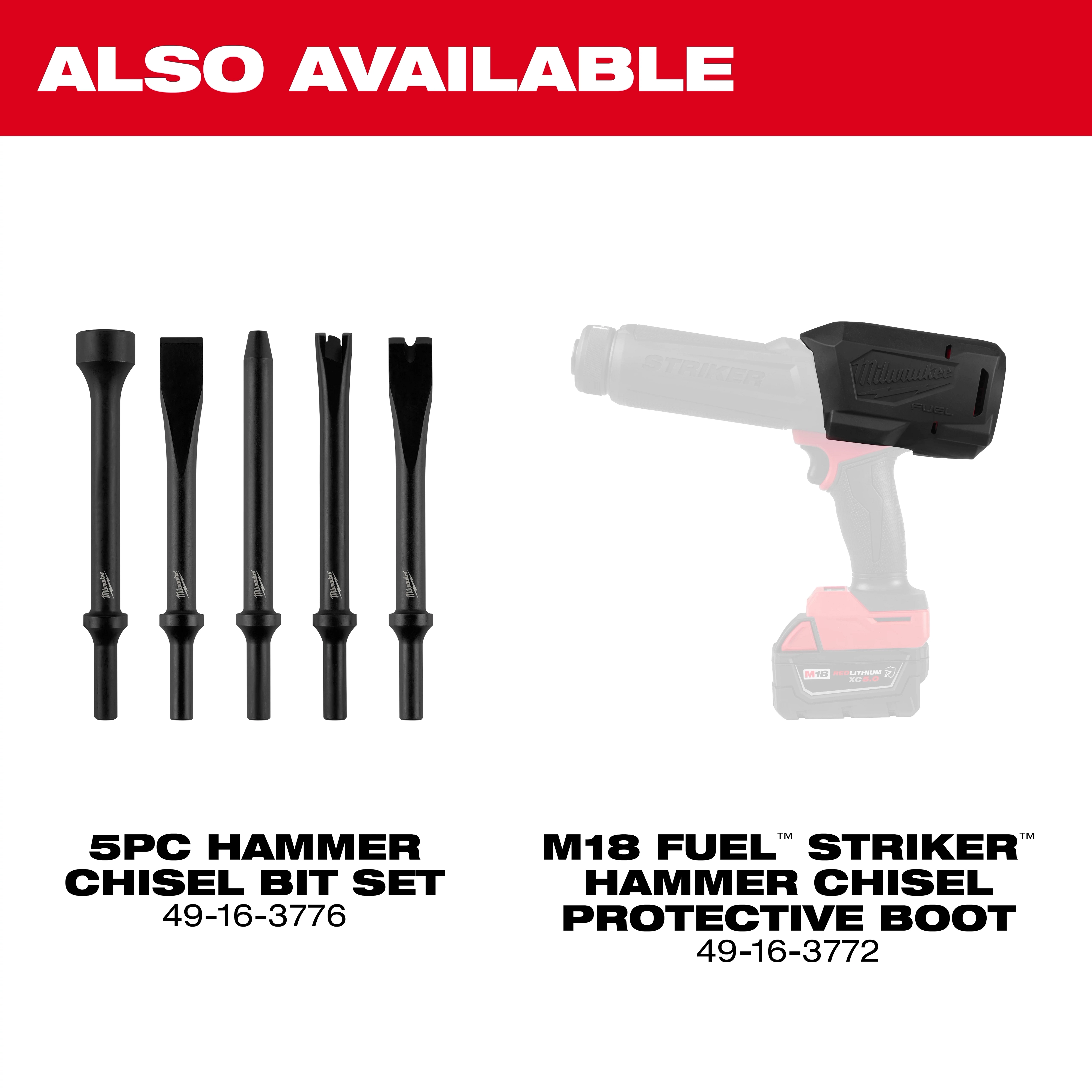 M18 FUEL STRIKER Hammer Chisel with 5-piece hammer chisel bit set and protective boot displayed on white background