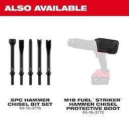 M18 FUEL STRIKER Hammer Chisel with 5-piece hammer chisel bit set and protective boot displayed on white background