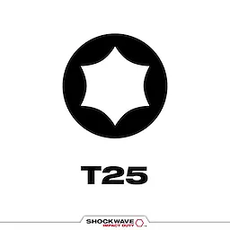 This image shows the SHOCKWAVE™ T25 Tip Type, featuring a black Torx T25 tip symbol and the label "T25" below it. The SHOCKWAVE Impact Duty logo is at the bottom.
