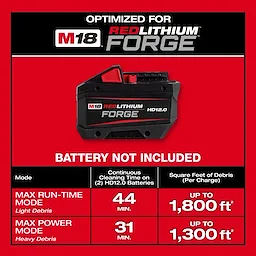 The M18 FUEL™ NEXUS™ 6 Gallon Wet/Dry Vacuum w/ PACKOUT™ Compatibility is optimized for M18 REDLITHIUM FORGE batteries (not included). It offers 44 minutes of runtime for light debris or 31 minutes for heavy debris, covering 1,800 sq ft or 1,300 sq ft respectively, using two HD12.0 batteries.