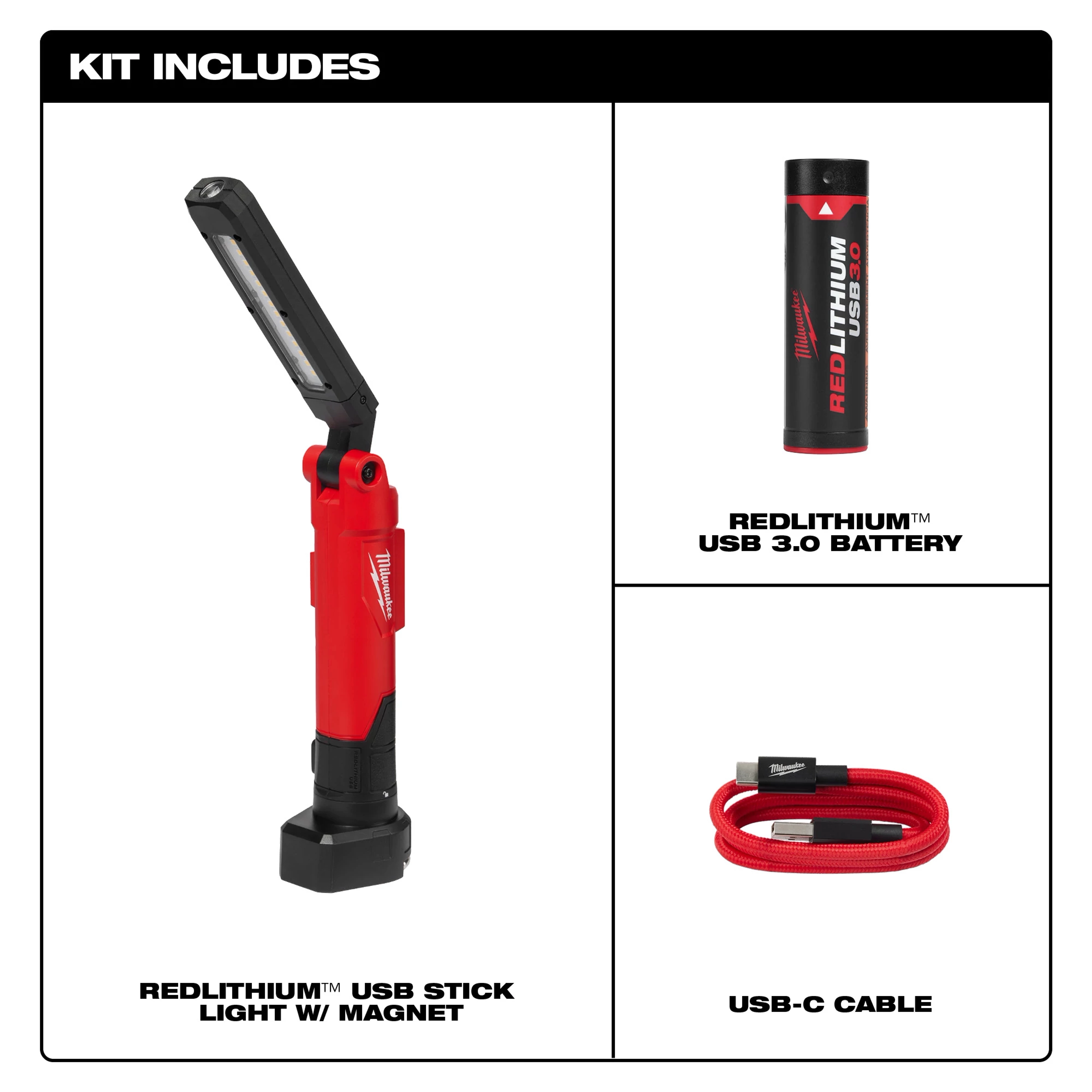 The 2128 Stick Light kit includes a red USB stick light with a magnet, REDLITHIUM USB 3.0 battery, and a USB-C cable.