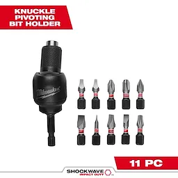 This image features the SHOCKWAVE™ 30° KNUCKLE™ Pivoting Bit Holder - 11PC. It includes a black pivoting bit holder and ten assorted impact-duty bits arranged in two rows. The Milwaukee brand logo is visible on the bit holder, with product name text above and quantity "11 PC" below.