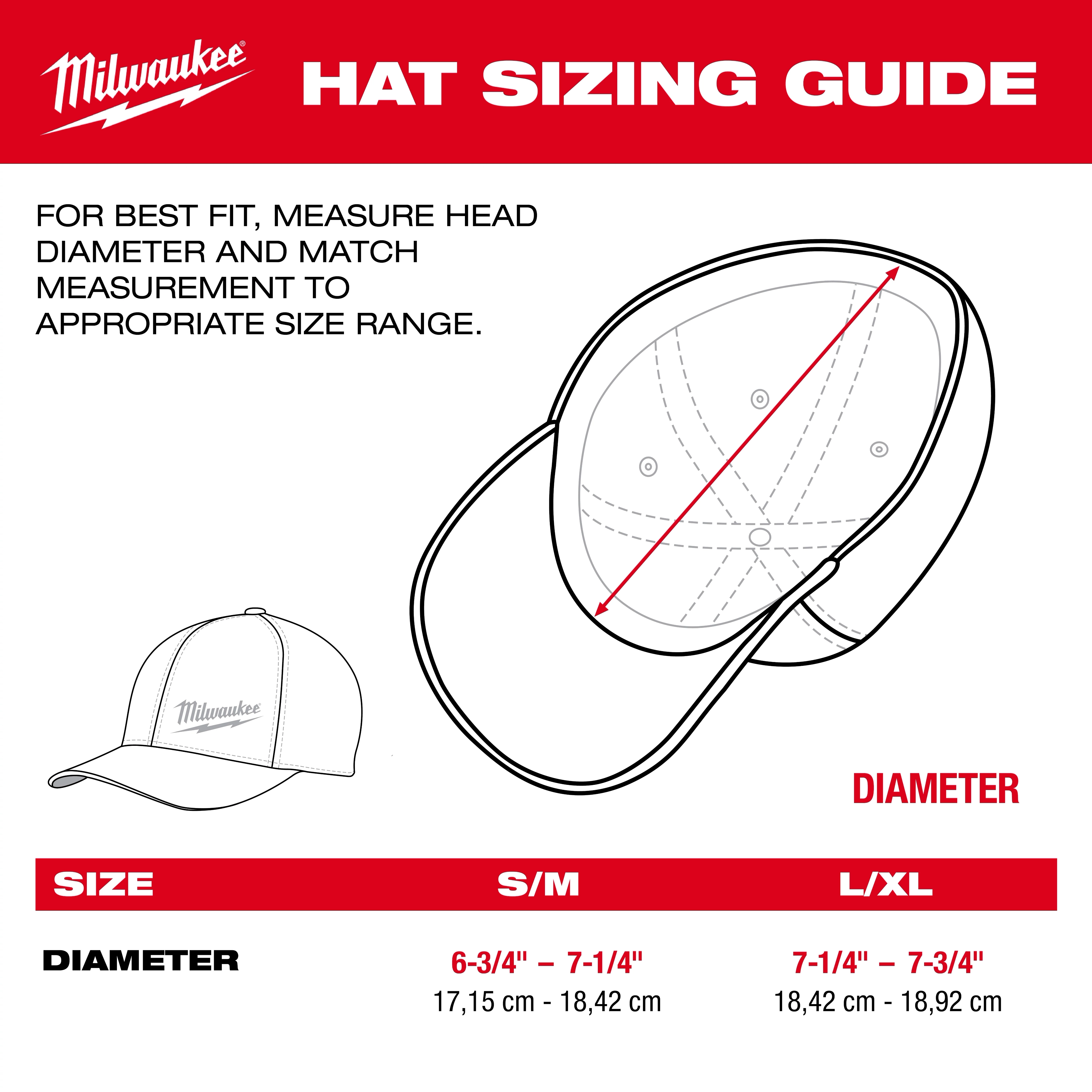 Hat Size hat sizing guide showing measurements for S/M (17.15 cm - 18.42 cm) and L/XL (18.42 cm - 18.92 cm) diameters.