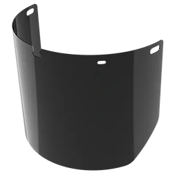 Dark, curved face shield with three rectangular holes for attachment.