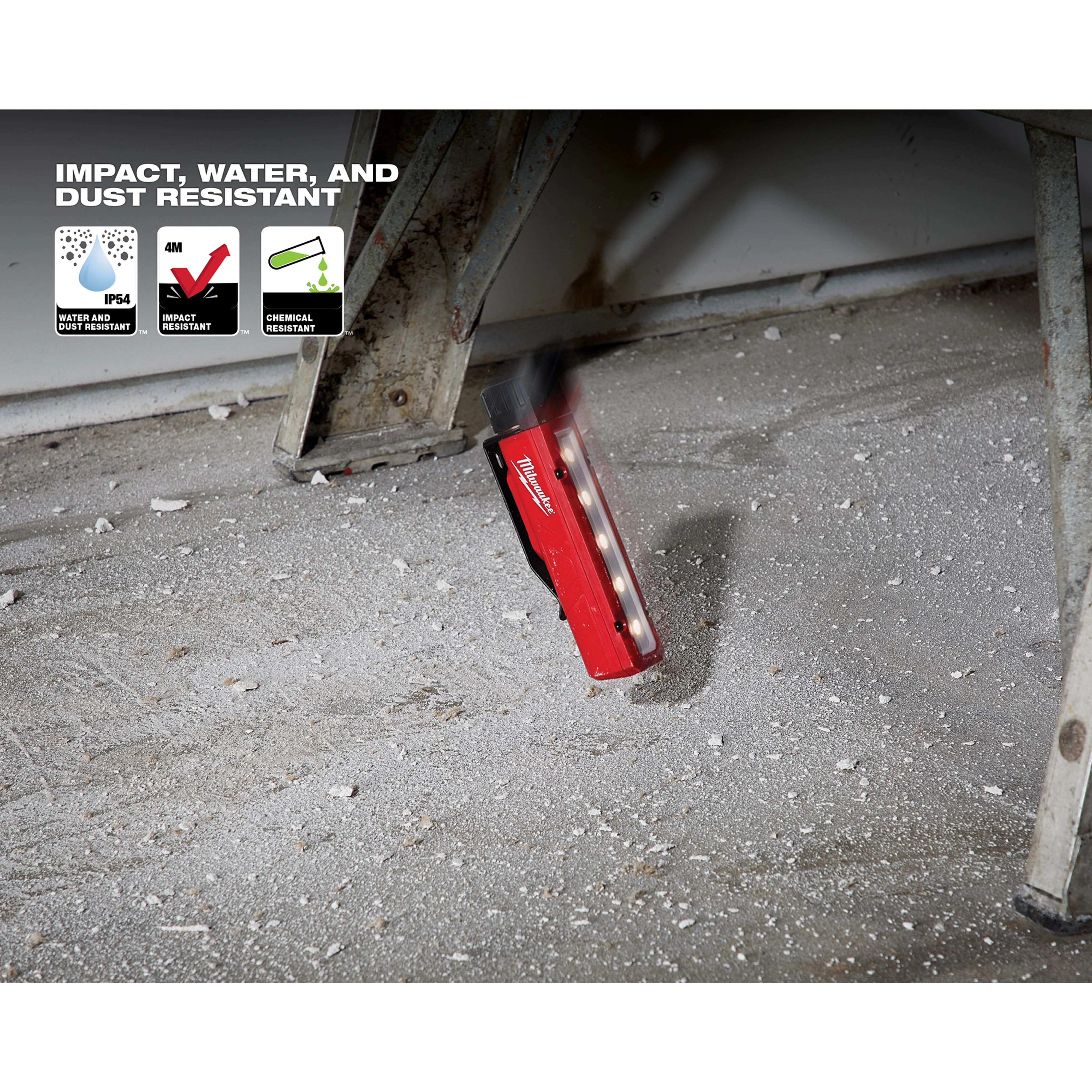 App%20Shot%20with%20overlay: A red handheld tool falling onto a concrete floor showing impact, water, and dust resistance features.