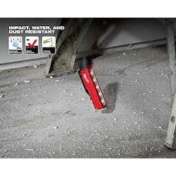 App%20Shot%20with%20overlay: A red handheld tool falling onto a concrete floor showing impact, water, and dust resistance features.