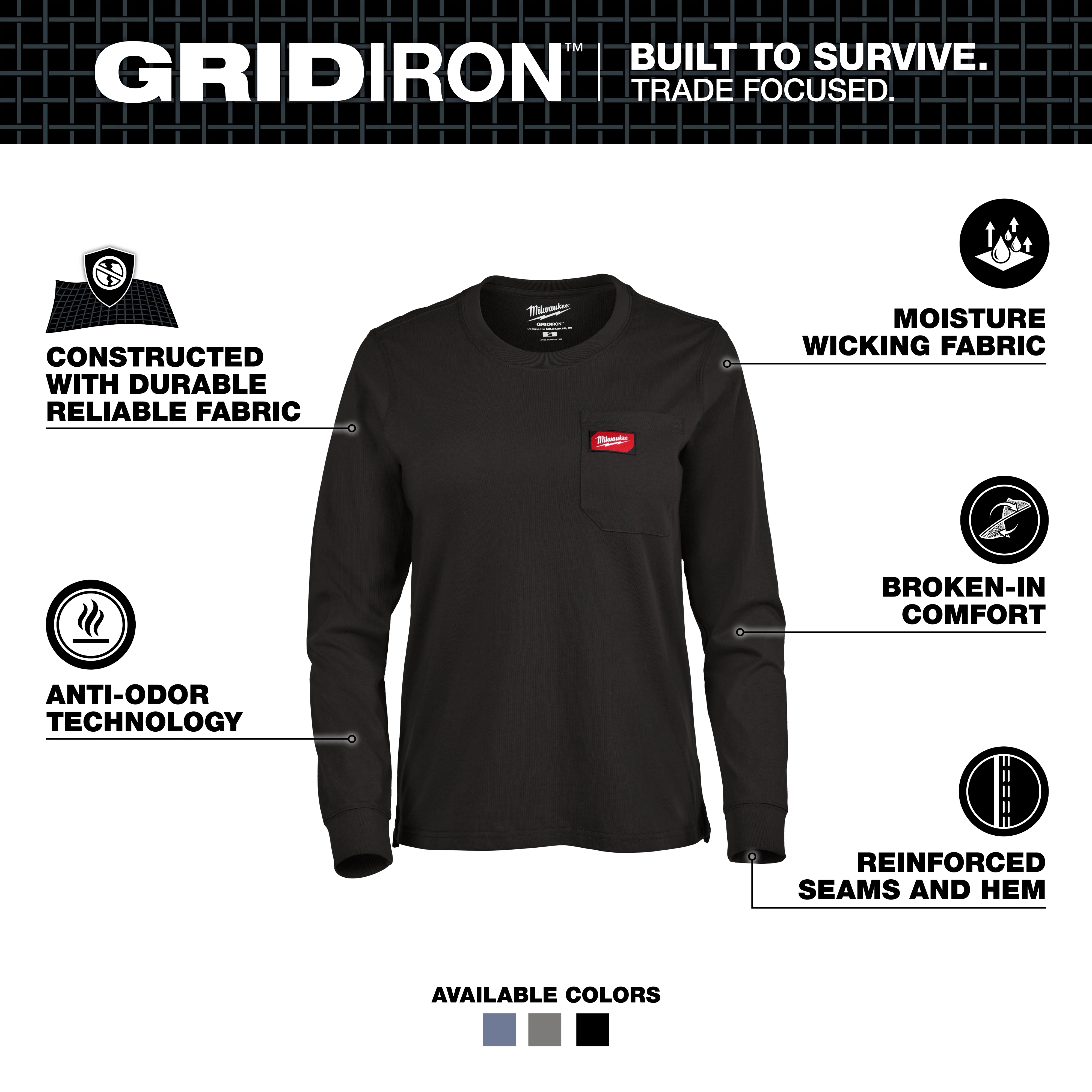Women’s GRIDIRON™ Pocket T-Shirt - Long Sleeve Black is constructed with durable fabric, moisture-wicking material, anti-odor technology, and reinforced seams. It features a front pocket, broken-in comfort and is available in gray, blue, and black. Designed for trade-focused durability and comfort.