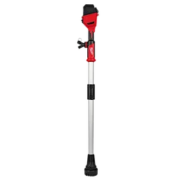 The image shows an M18™ Brushless Stick Transfer Pump with a red and black head, a silver handle, and a black base. It features a cylindrical design and is used for transferring liquids.
