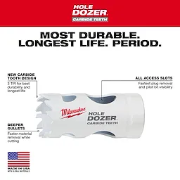 The Milwaukee Hole Dozer Carbide Teeth Small Cup Hole Saw 49-56-0707 features new carbide tooth design, all access slots, and deeper gullets.