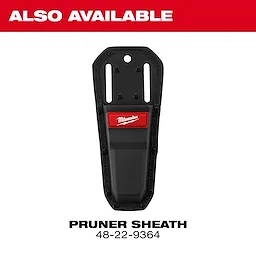 This image shows a Pruner Sheath designed by Milwaukee, model number 48-22-9364. The sheath is black with a red Milwaukee logo and is displayed against a white background with "ALSO AVAILABLE" in red at the top.