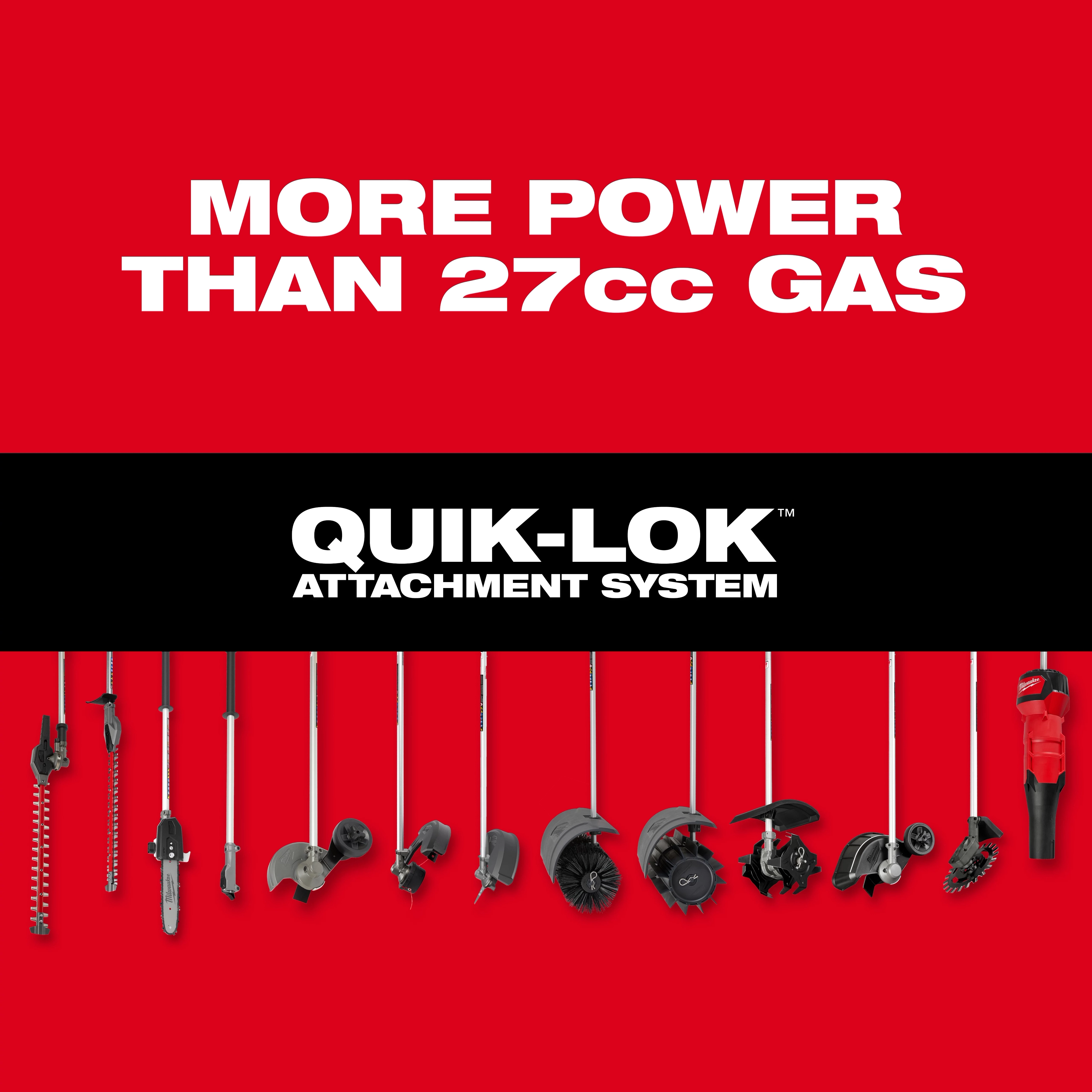 QUIK-LOK 16” String Trimmer Attachment and multiple QUIK-LOK tool attachments displayed in a row on a red background.