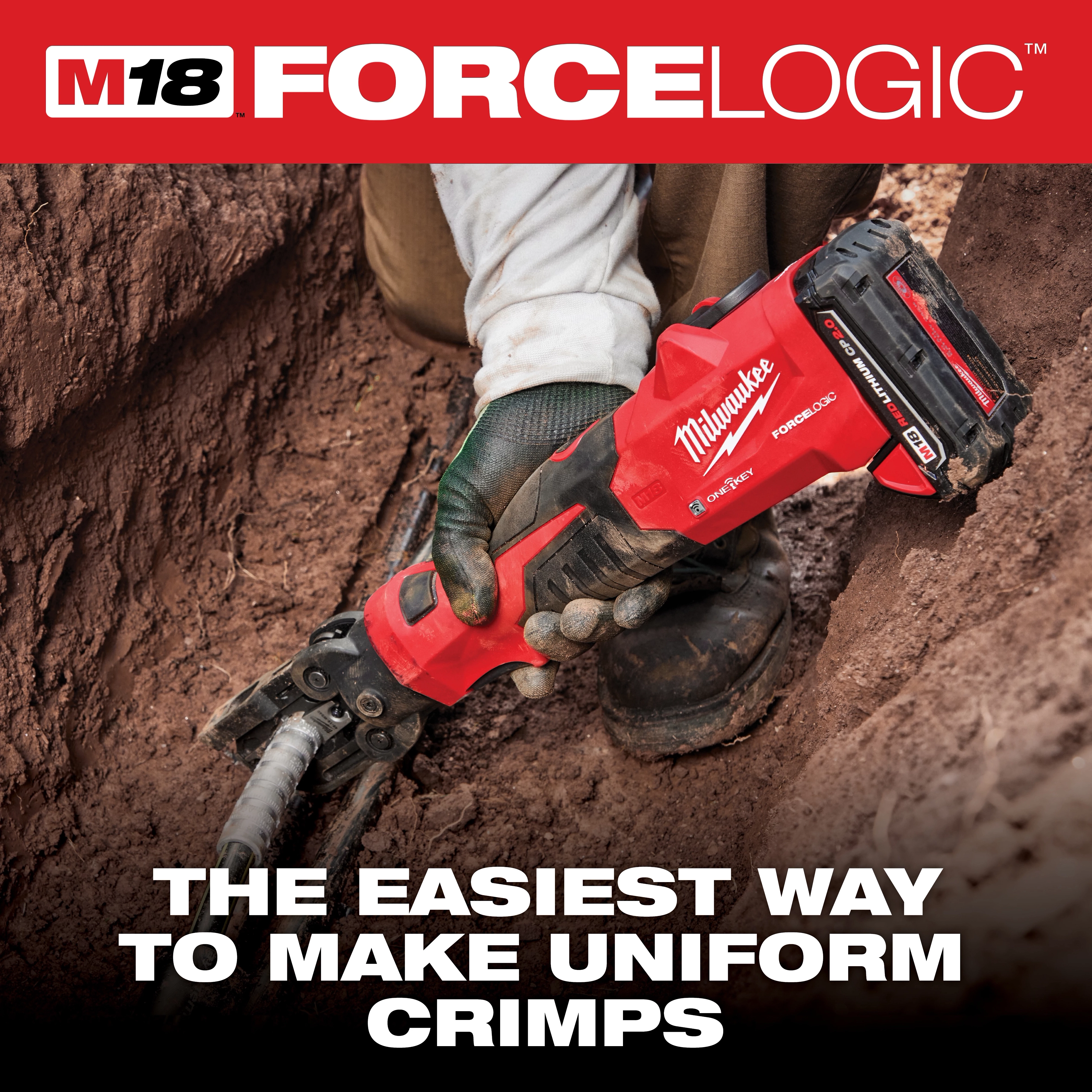 A person grips the M18™ 6T Latched Linear Utility Crimper, a red tool designed for efficient cutting tasks. The crimper is shown in a rugged outdoor environment, emphasizing its durability. Text in the image highlights it as "the fastest way to make uniform cuts."