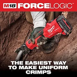 A person grips the M18™ 6T Latched Linear Utility Crimper, a red tool designed for efficient cutting tasks. The crimper is shown in a rugged outdoor environment, emphasizing its durability. Text in the image highlights it as "the fastest way to make uniform cuts."