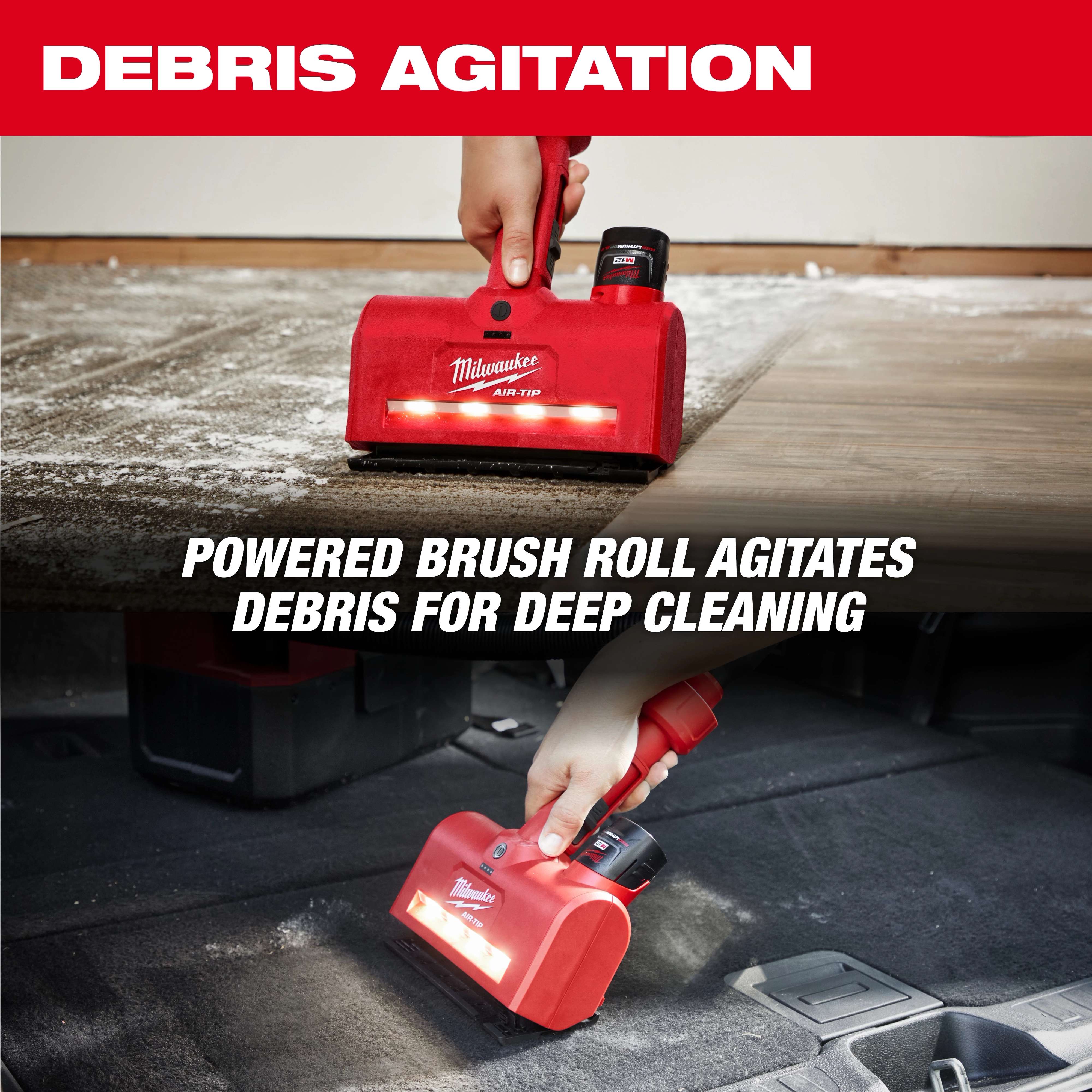 Two images of the M12™ AIR-TIP™ Utility Nozzle being used, with the label "DEBRIS AGITATION" at the top. The images demonstrate the powered brush roll agitating debris for deep cleaning on different surfaces.