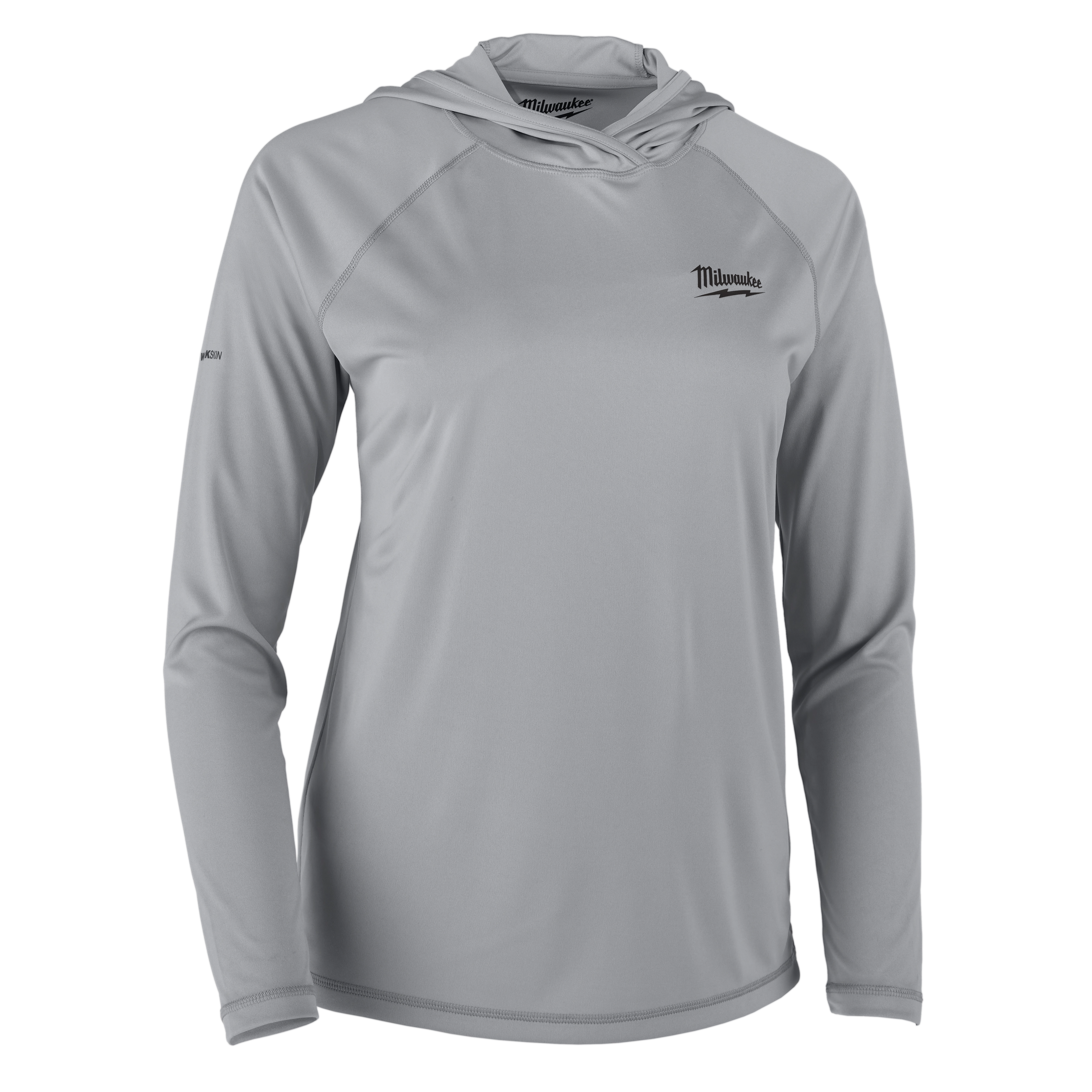The image shows a Women's WORKSKIN™ Hooded Sun Shirt in gray. It is a long-sleeve hooded shirt made from lightweight, breathable fabric. The shirt features the Milwaukee logo on the left chest and is designed for sun protection.
