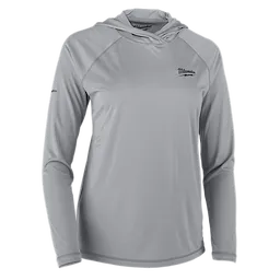 The image shows a Women's WORKSKIN™ Hooded Sun Shirt in gray. It is a long-sleeve hooded shirt made from lightweight, breathable fabric. The shirt features the Milwaukee logo on the left chest and is designed for sun protection.