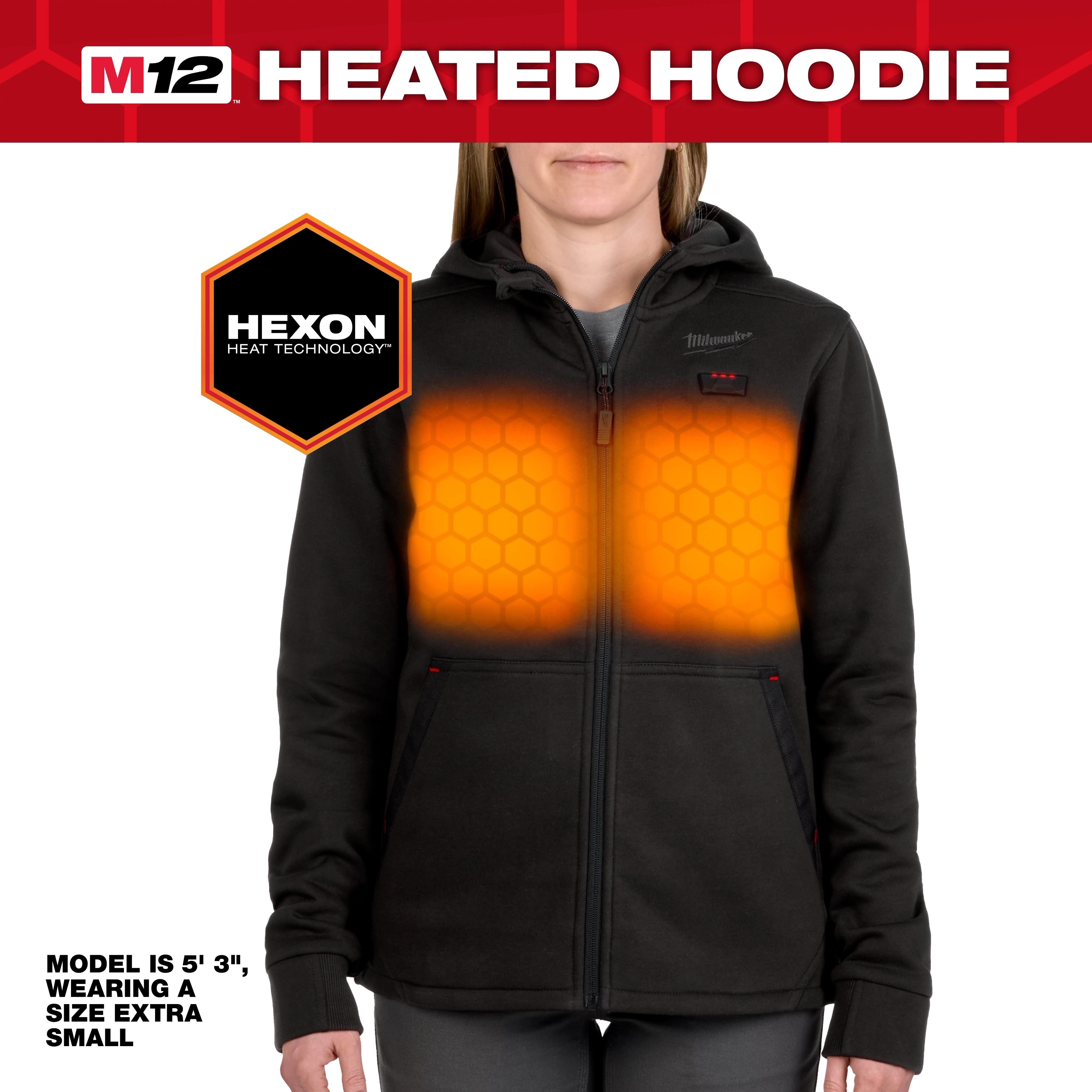 The M12™ Heated Hoodie features Hexon Heat Technology and is modeled in size extra small. The hoodie is black with highlighted heating zones on the chest area. The model is 5' 3" tall.