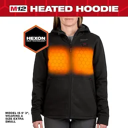 The M12™ Heated Hoodie features Hexon Heat Technology and is modeled in size extra small. The hoodie is black with highlighted heating zones on the chest area. The model is 5' 3" tall.