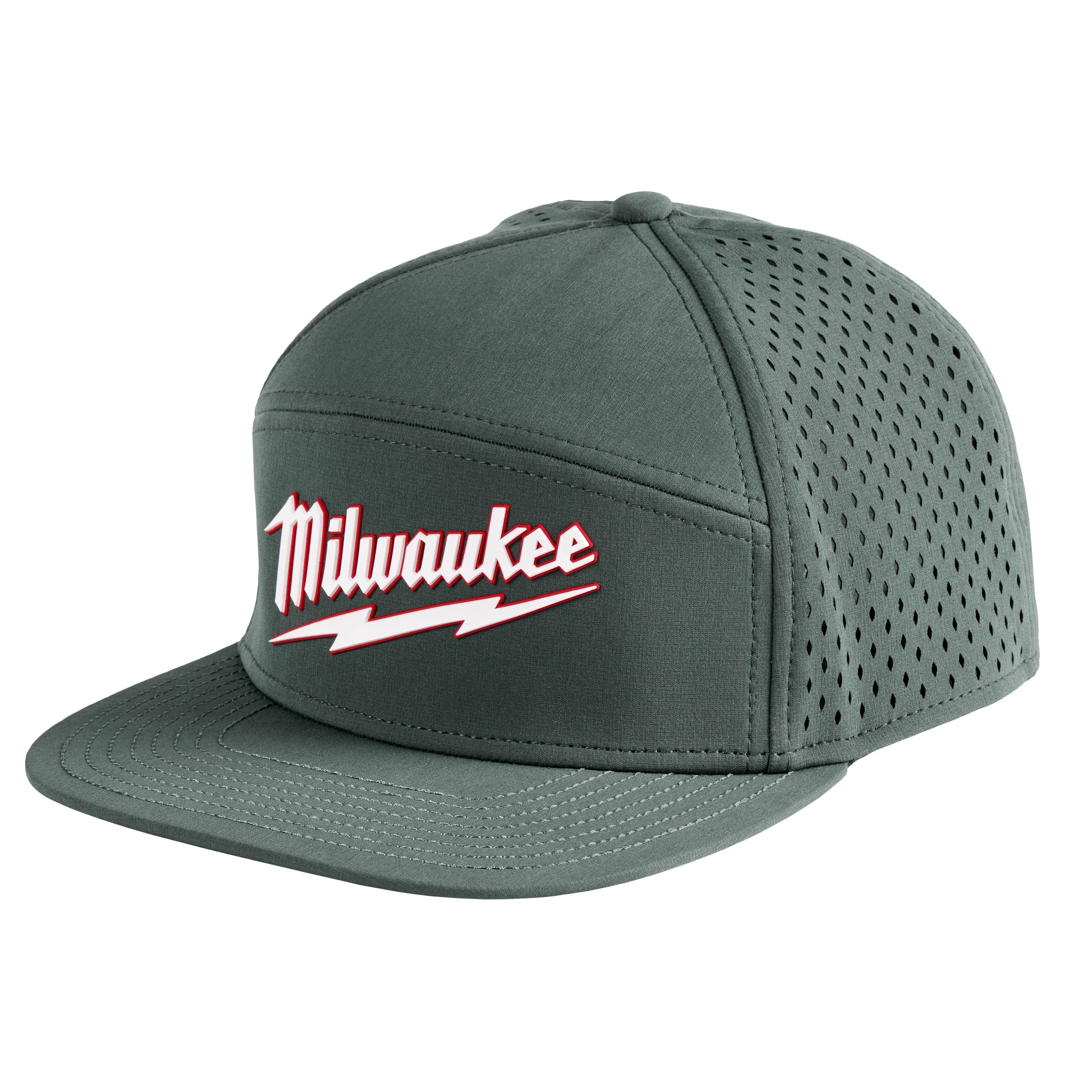 Green Flat Brim Snapback hat with white and red "Milwaukee" text and lightning bolt logo. Side panels feature ventilation holes.