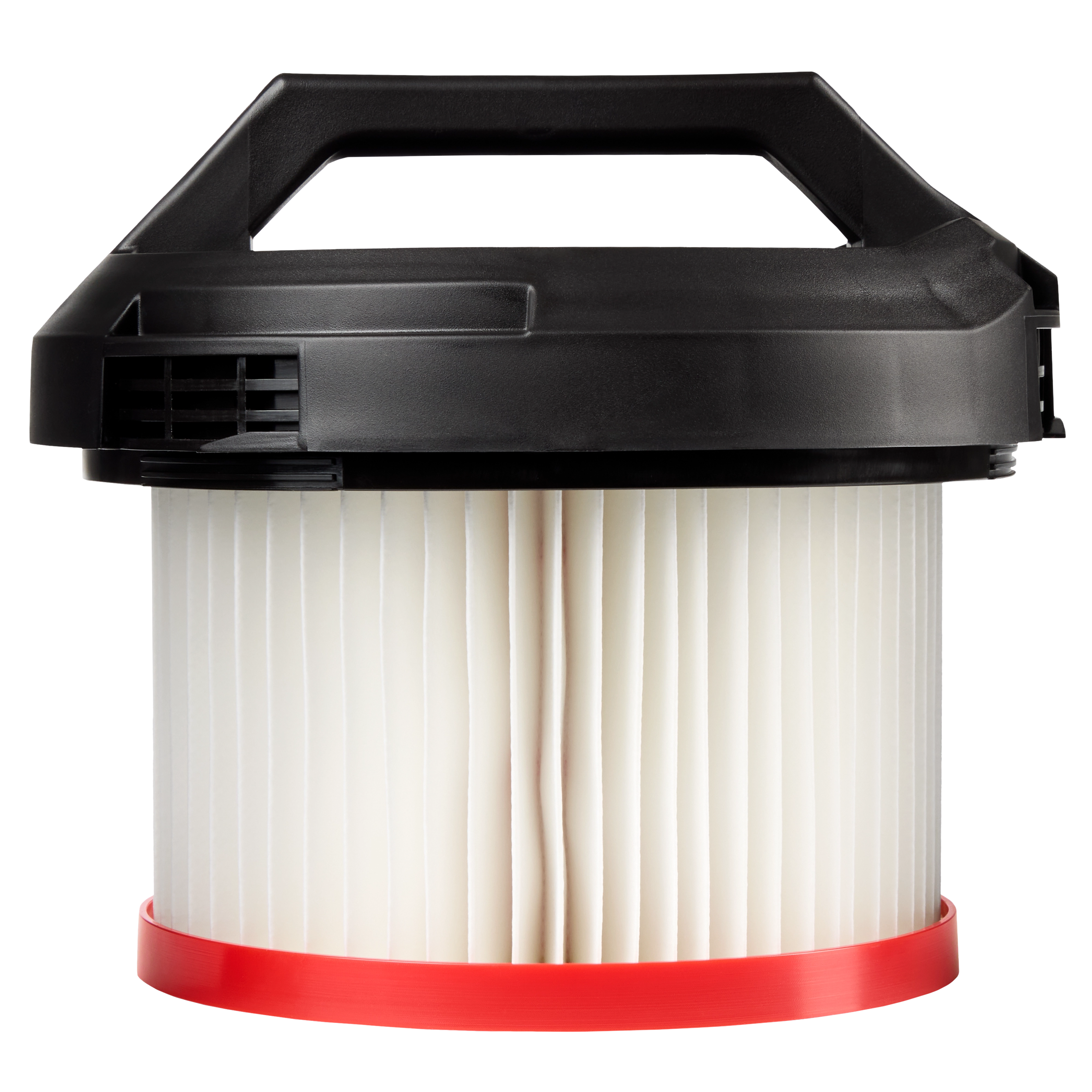 The HEPA Filter is a cylindrical air filter with a black, plastic top handle and pleated white paper with a red base.
