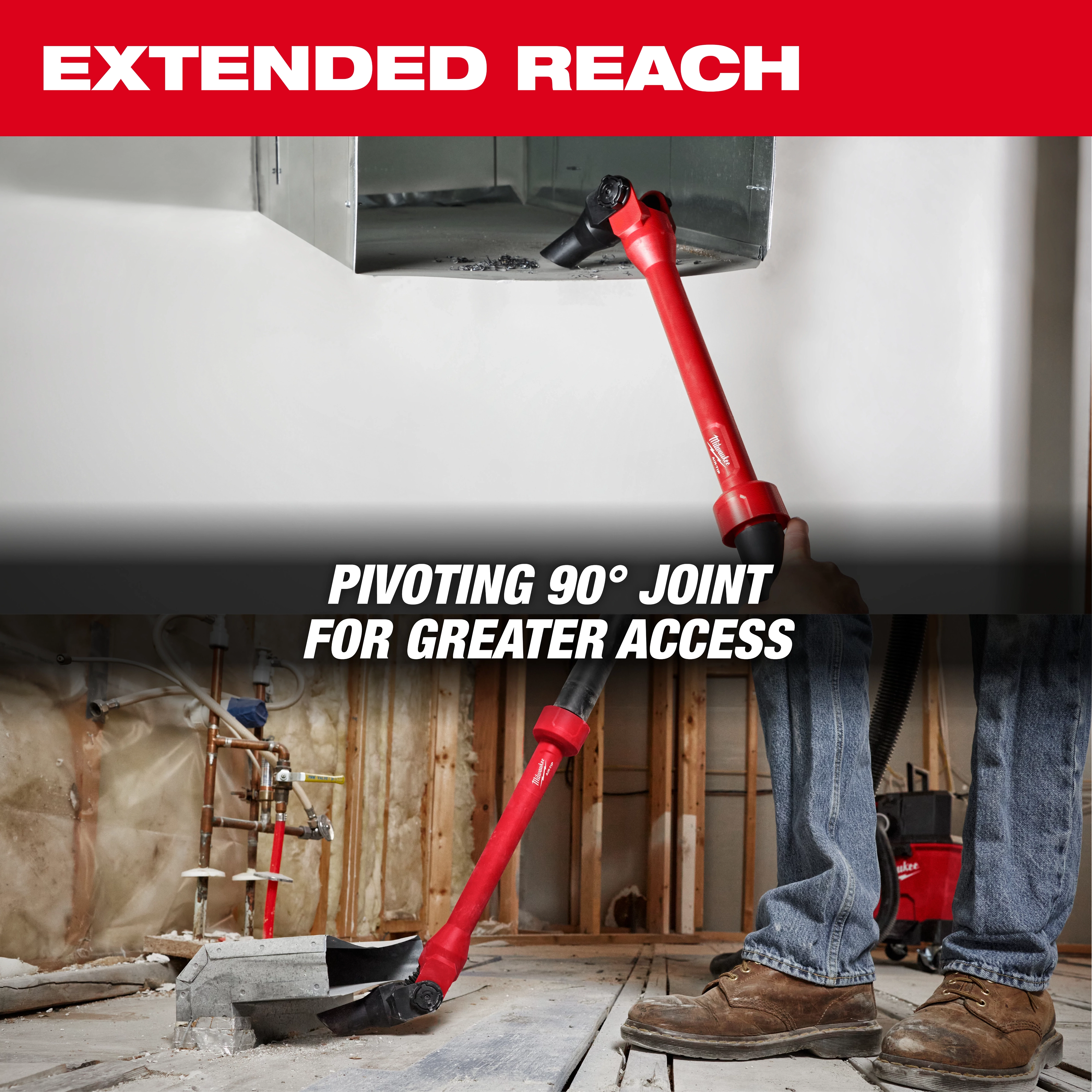 A person uses the AIR-TIP™ Pivoting Extension Wand to clean an overhead vent. The tool has a red handle with a pivoting 90-degree joint, providing extended reach and greater access. The background shows a partially finished room with exposed plumbing.