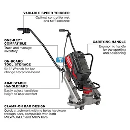 The image depicts an MX FUEL™ Vibratory Screed with labeled features, including a variable speed trigger, One-Key™ compatibility, on-board tool storage, adjustable handlebars, clamp-on bar design, and a carrying handle.