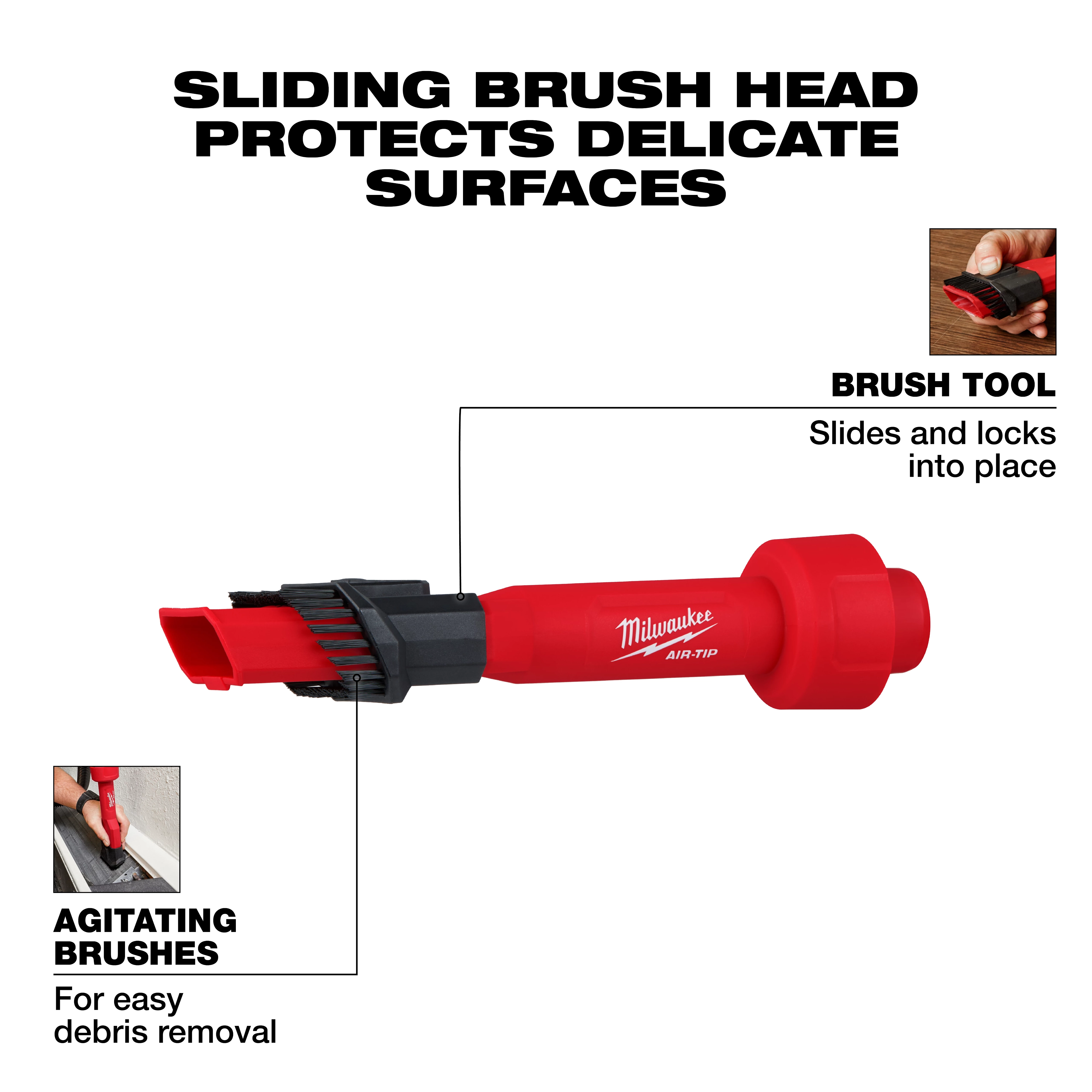 The image shows the AIR-TIP™ 2-in-1 Utility Brush Tool, a red cleaning tool with a sliding brush head that locks into place. The tool features agitating brushes designed for easy debris removal, and is advertised to protect delicate surfaces.