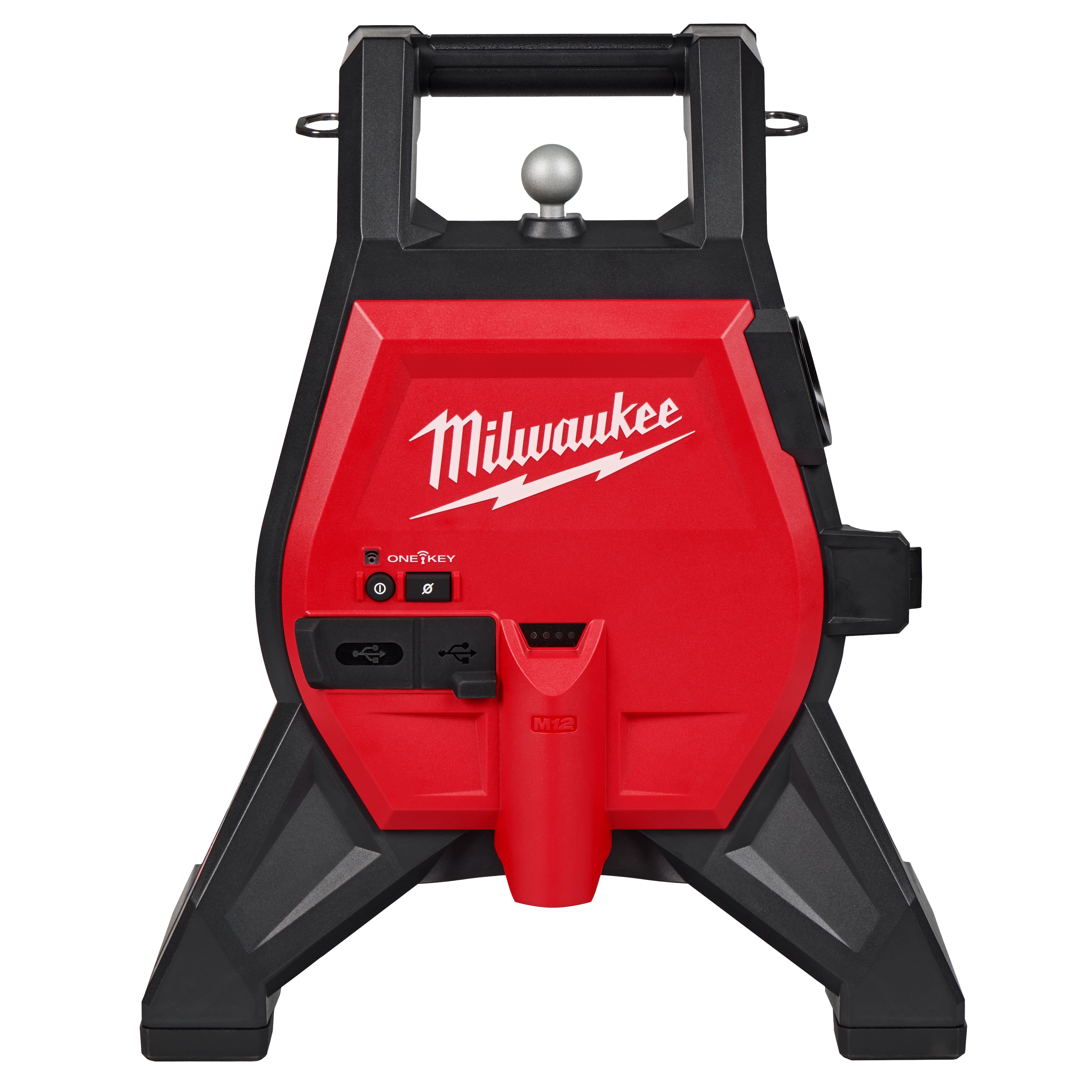 The image shows the M12™ Compact Drain Line Inspection Powered Base, featuring a red and black housing with the Milwaukee logo. It has a handle at the top, a central control panel with various ports and buttons for connectivity, and sturdy legs for support.
