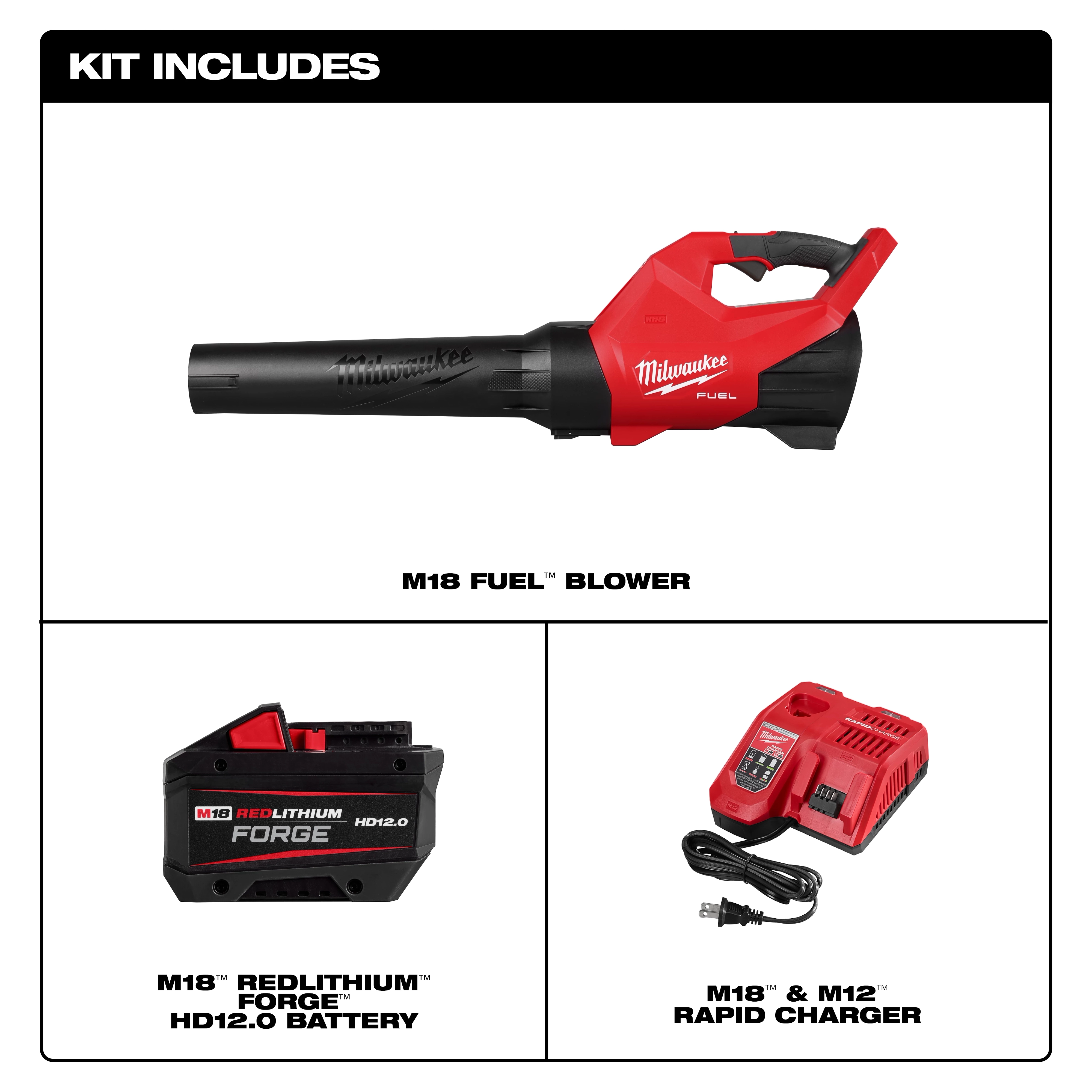 Kit includes Milwaukee M18 Fuel blower, M18 REDLITHIUM Forge HD12.0 battery, and M18 & M12 rapid charger.