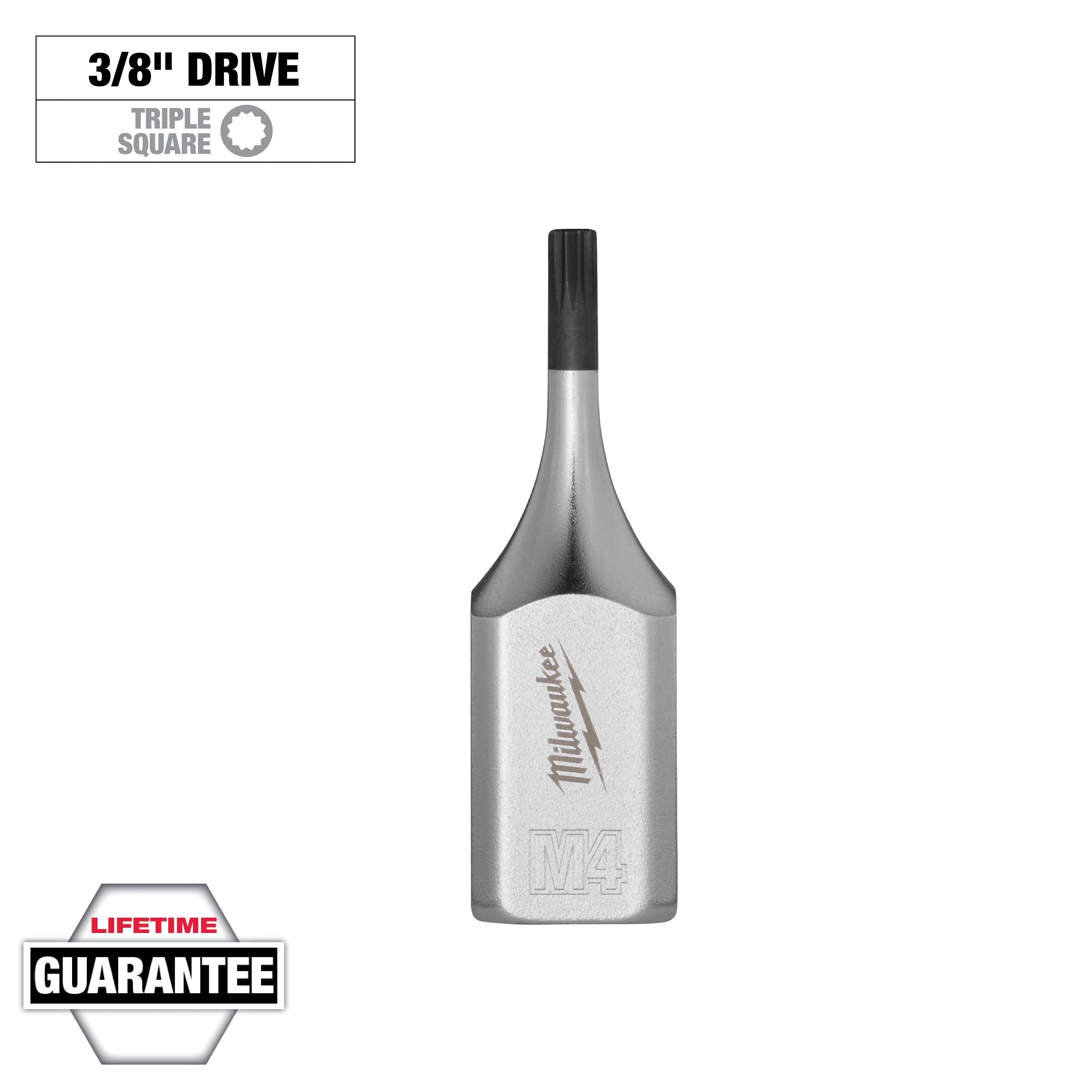 3/8" Drive 4mm Triple Square Bit Socket, featuring a compact design and a lifetime guarantee, shown against a white background.