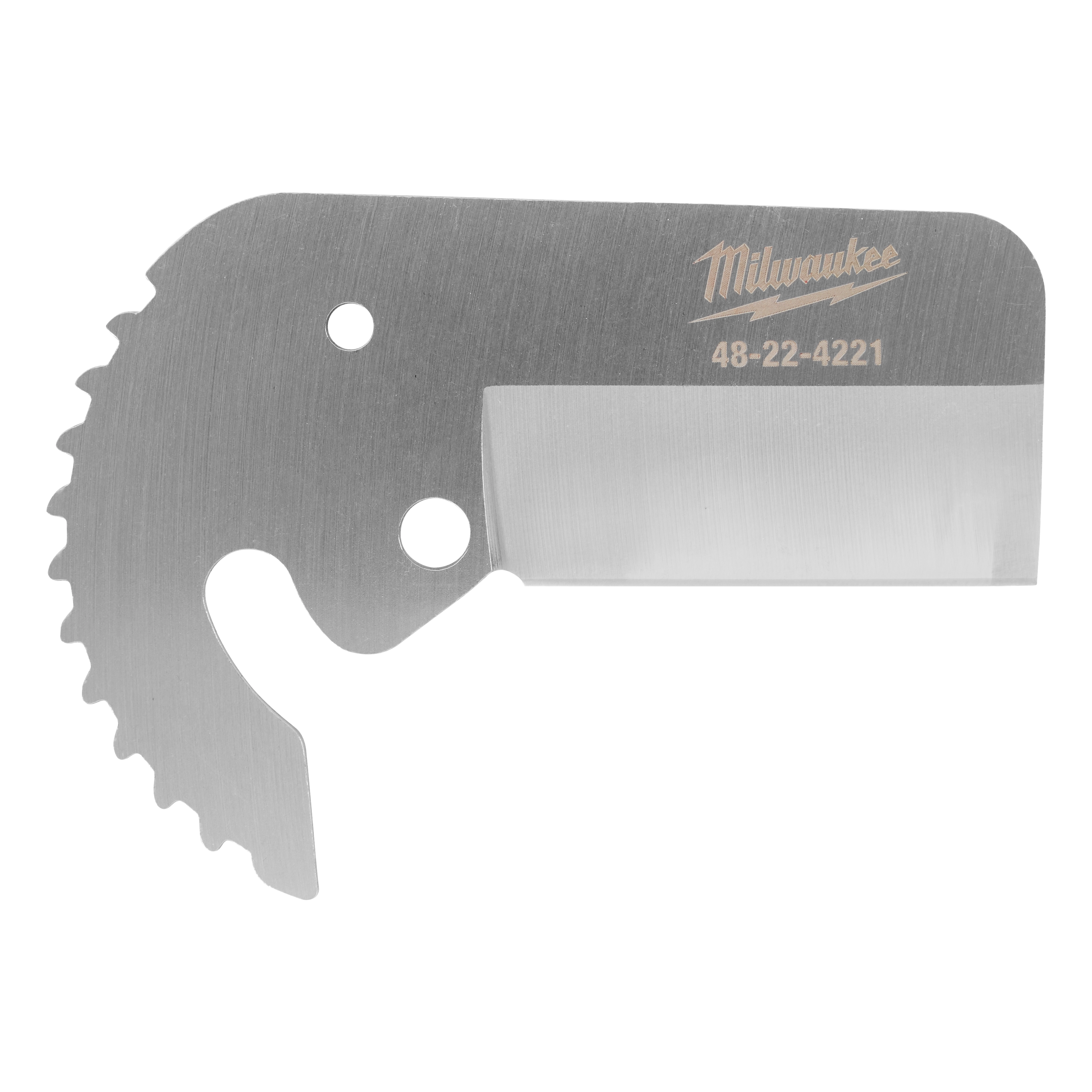 1-5/8" Ratcheting Pipe Cutter Replacement Blade with a serrated edge and three mounting holes, labeled with product number 48-22-4221.