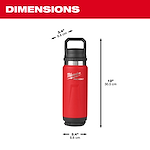 Image of the Milwaukee PACKOUT 24oz Insulated Bottle with Chug Lid in red and its dimensions