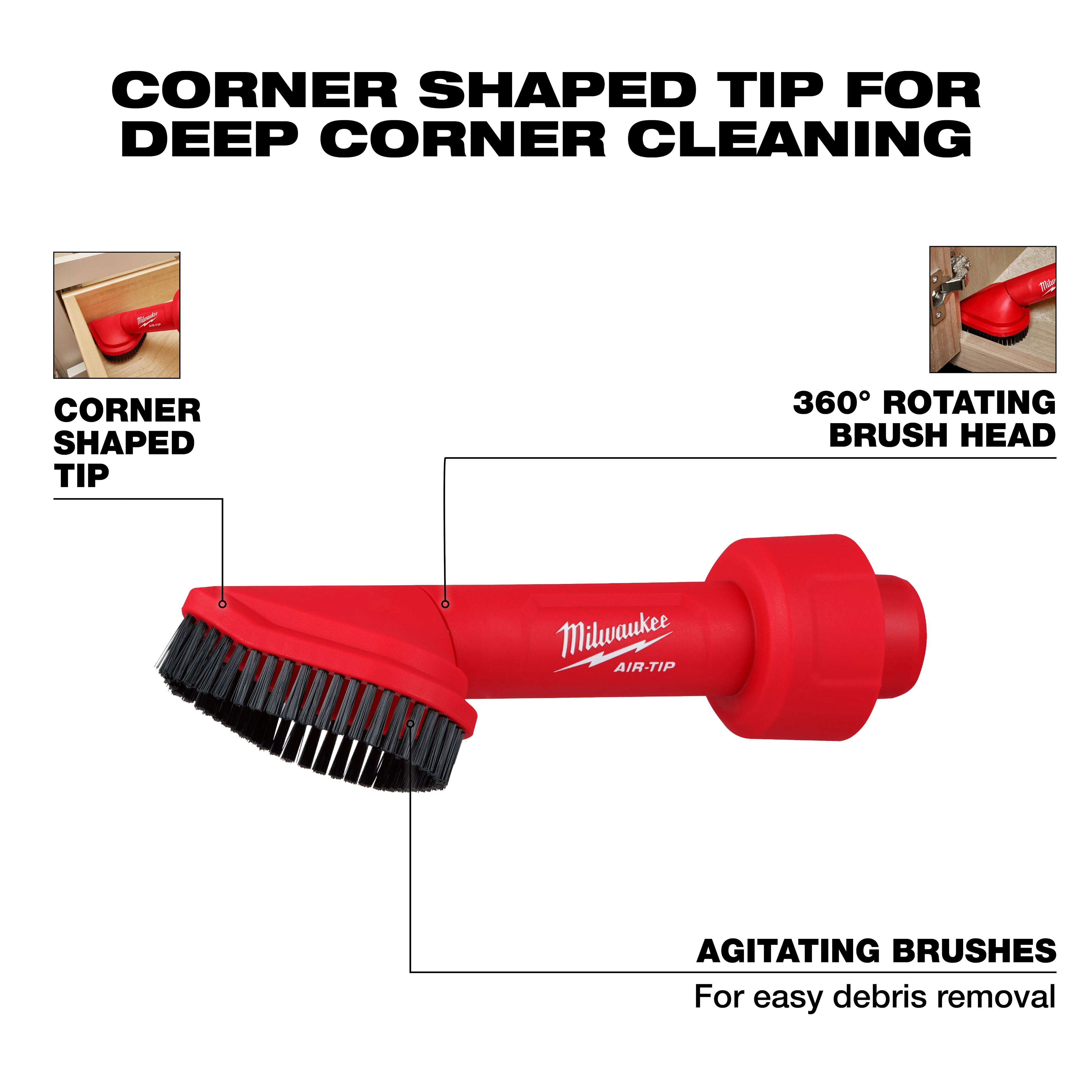 Image of the AIR-TIP™ Rotating Corner Brush Tool from Milwaukee. It features a corner-shaped tip and a 360° rotating brush head, designed for deep corner cleaning. The brush has agitating bristles for easy debris removal. The tool is red with the Milwaukee logo and AIR-TIP™ branding.