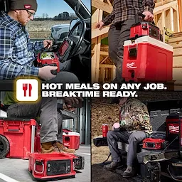 Workers use the red M18 Jobsite Lunch Warmer in trucks, workshops, and outdoor jobsite settings.