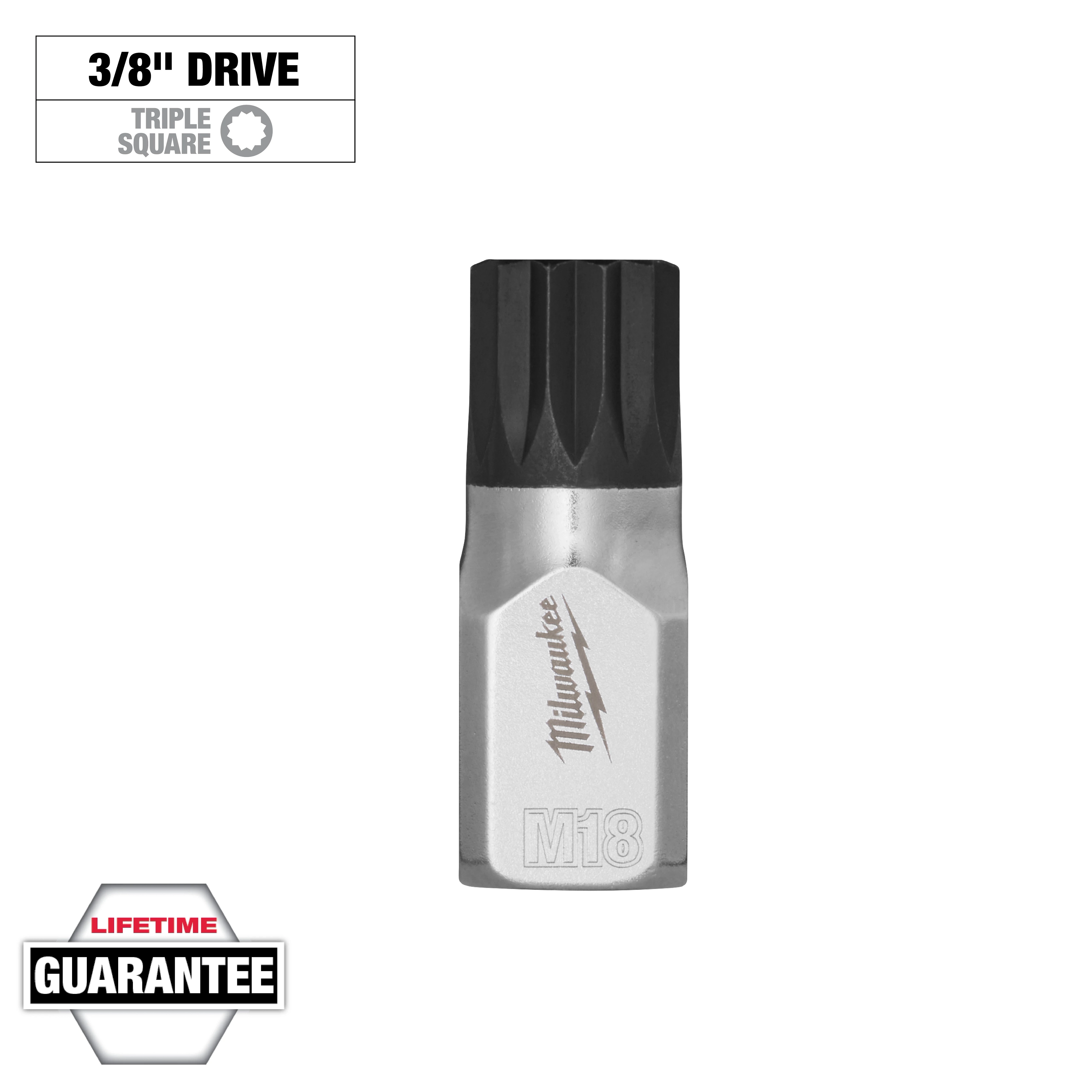 3/8" Drive 18mm Triple Square Bit Socket with a chrome finish, black grip, and M18 marking. Lifetime guarantee included.