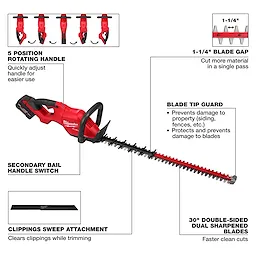 Image showing the M18 FUEL™ 30" Hedge Trimmer features. Highlights include a 5-position rotating handle, secondary bail handle switch, 1-1/4" blade gap, blade tip guard, 30" double-sided dual sharpened blades, and clippings sweep attachment. The text describes the benefits of each feature.