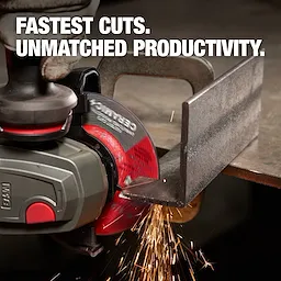 Bonded Abrasives Cutting disc in use with a power tool, cutting through metal and sparking. Text reads "Fastest Cuts. Unmatched Productivity."