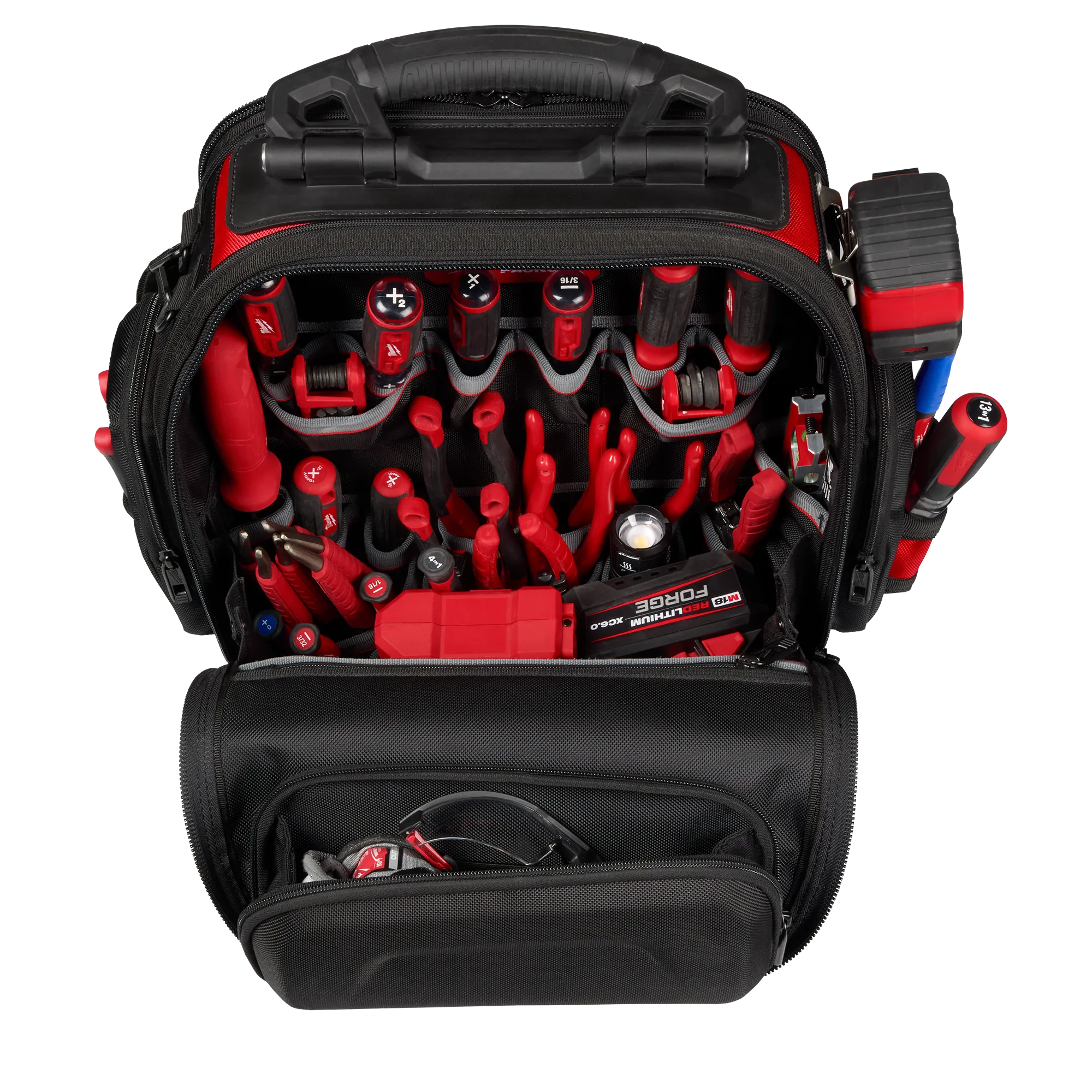 Image of the Milwaukee PACKOUT Structured Backpack open highlighting its tool storage capabilities