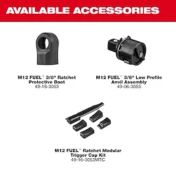 Available accessories for the M12™ FUEL™ 3/8" Ratchet include a protective boot, a low profile anvil assembly, and a modular trigger cap kit. Each accessory is shown with its specific model number underneath the product image.